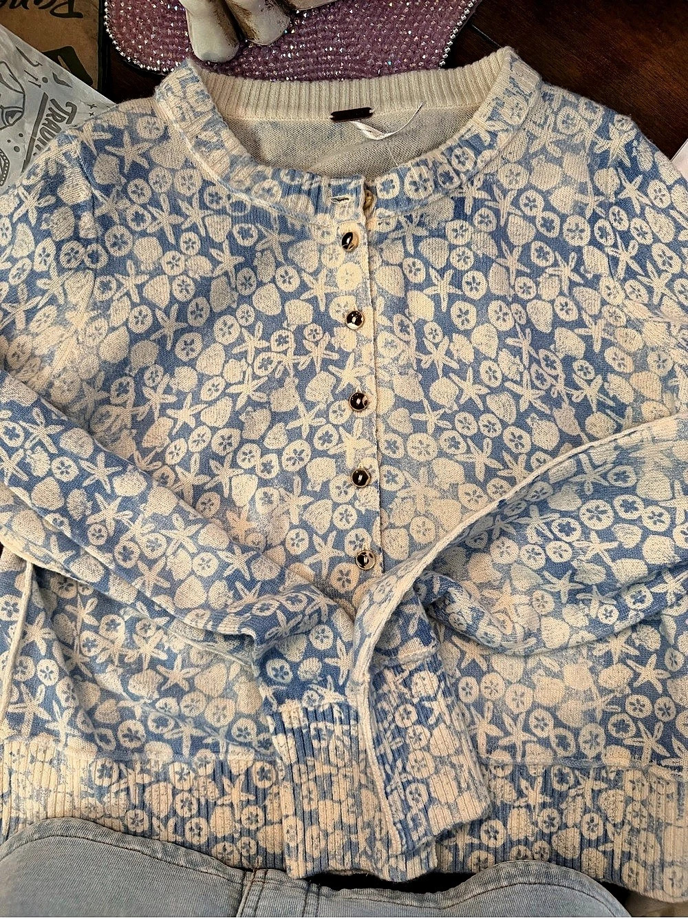 Free People seashell Patterned Cardigan Floral Cashmere Cardigan blue